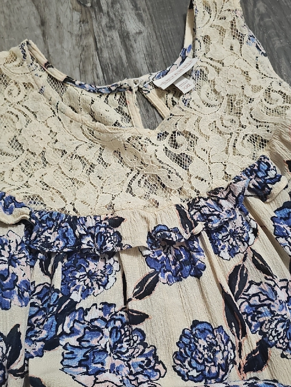 Shyanne Cream Cold-Shoulder Top with Blue Floral Print and Lace Yoke - Picture 8 of 8